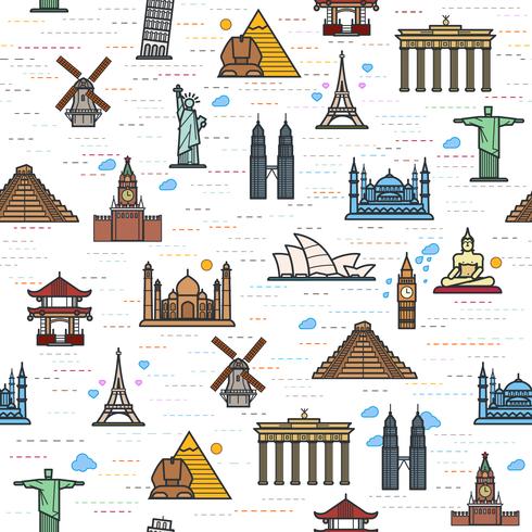 Seamless color pattern of the attractions of the world, outline drawing for your application. vector