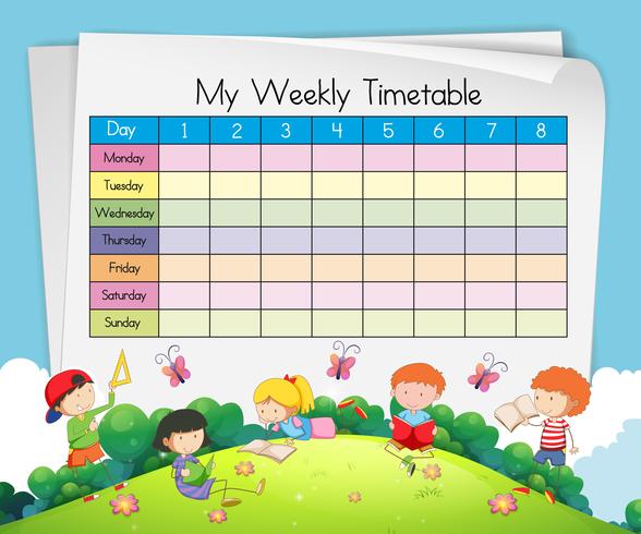 Weekly timetable template with kids playing in park vector