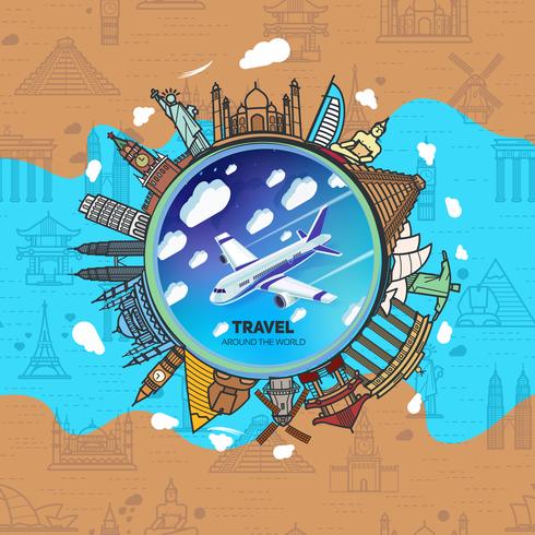 Icons sights of the world around a flying plane against the sky with clouds.  vector