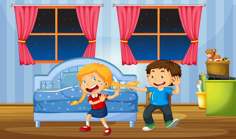 Brother teasing sister in bedroom vector