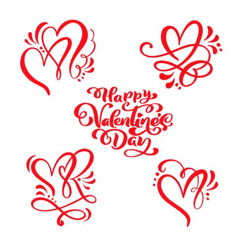 Set of red Calligraphy text Happy Valentine's Day  hearts vector