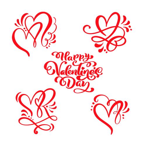 Conjunto de texto de caligrafía roja &quot;Feliz día de San Valentín&quot; y corazones vector