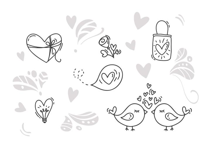 Vector monoline día de San Valentín elementos dibujados a mano. Feliz día de San Valentín. Bosquejo de vacaciones doodle tarjeta de diseño con el corazón. Ilustración aislada de decoración para web, boda e impresión.