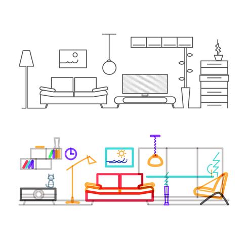 Thin line flat design of modern living room with furniture, color version of the lines in the overlay mode color. vector