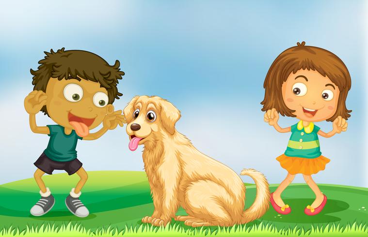 Girl and boy playing with pet dog vector