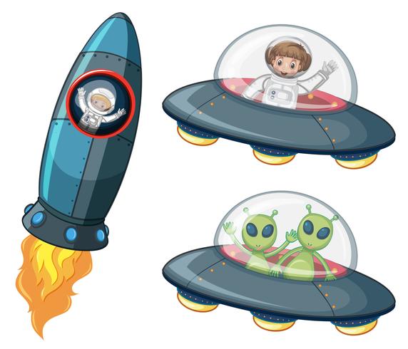 Astronautas y alienígenas en naves espaciales. vector