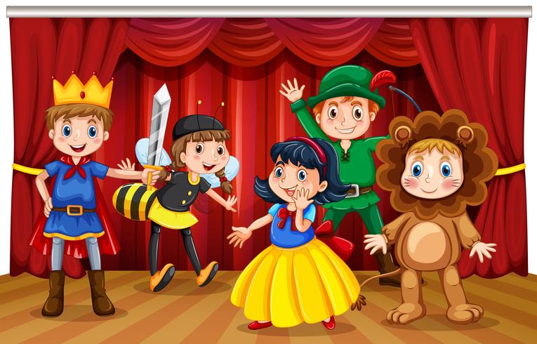 Five kids in different costumes on stage vector