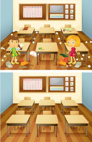 Students cleaning classroom set vector