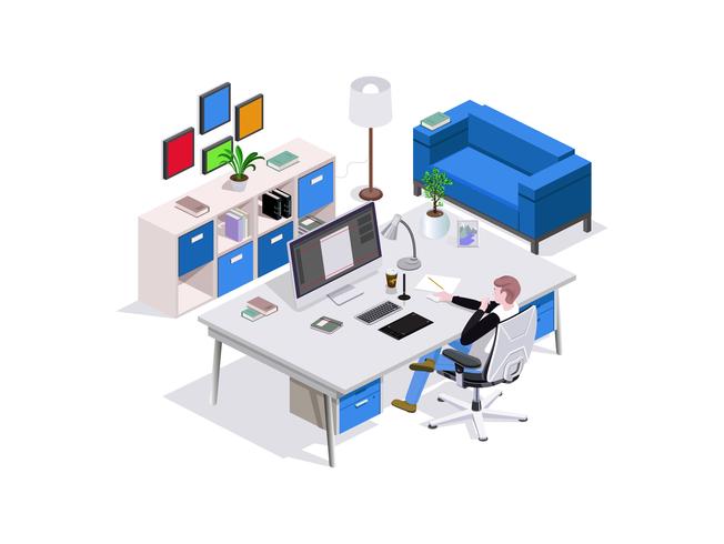 3d isometric composition man study, designer's seat at the table, around the interior furniture and a sofa, home furnishings or office. vector