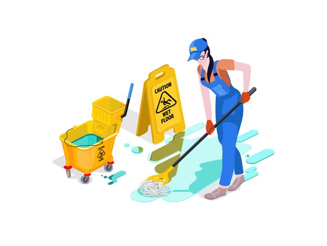 Woman dressed in uniform washes the floor in the office and cleans. Professional cleaning service with equipment and staff. vector