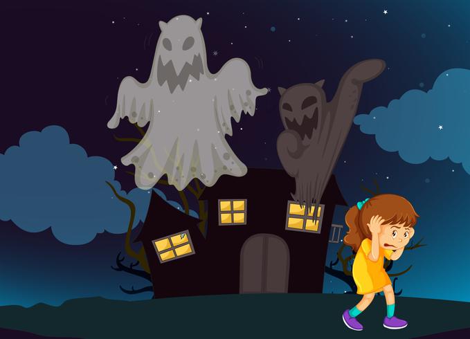 Girl and haunted house at night vector