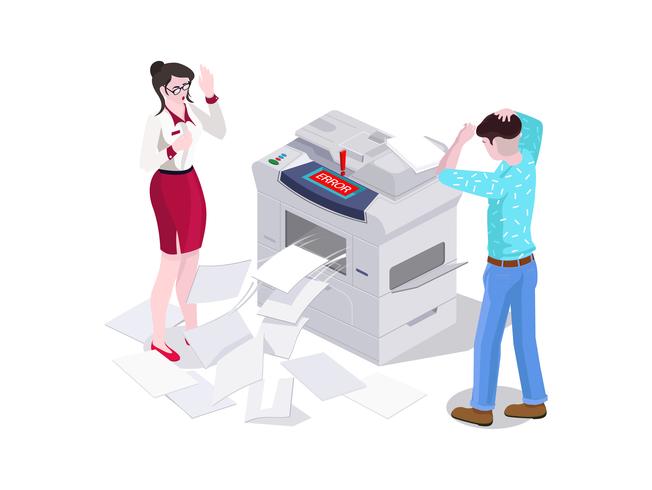 3d isometric man and a woman in the office print and make a photocopier on the printer. vector