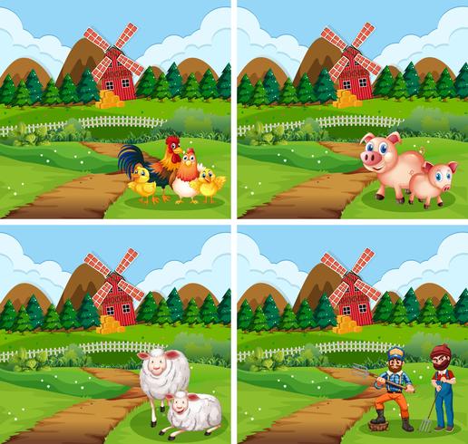 Set of farmland with animal and farmer vector