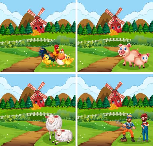 Set of farmland with animal and farmer vector