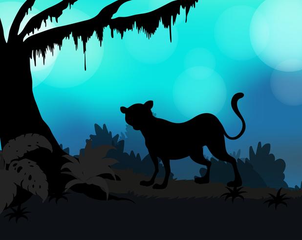 Fondo de silueta con tigre en el bosque vector