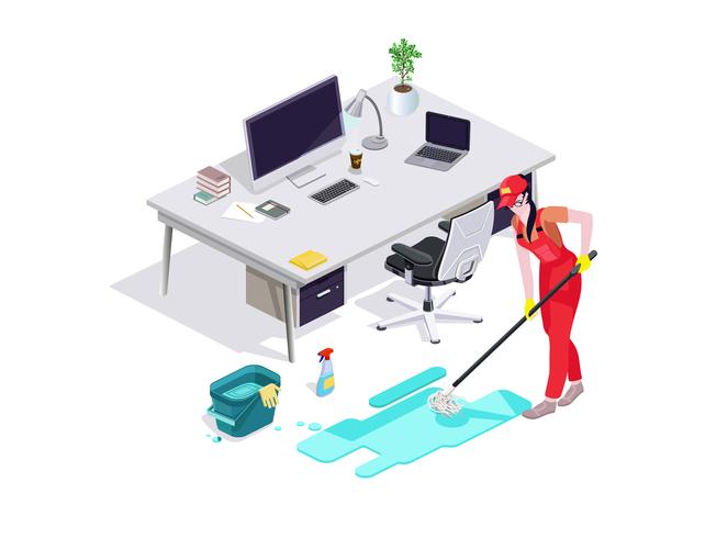 Woman dressed in uniform washes the floor in the office and cleans. Professional cleaning service with equipment and staff. vector