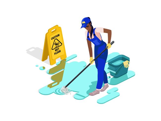 Black girl in work clothes washes the floor with water and equipment.Sign caution wet floor. vector