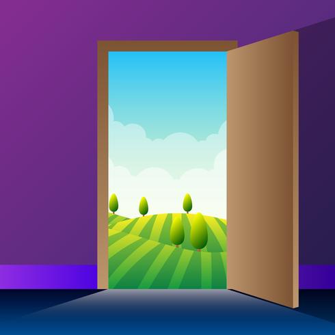 Open Door Into Valley Landscape Cartoon Vector Illustration