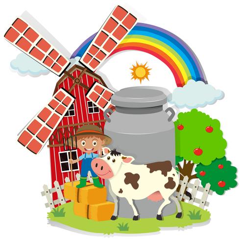 Farmer and cown in the farm vector