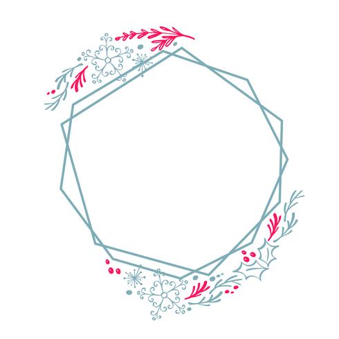 Cuadrado estilizado de la geometría de la guirnalda de la Navidad dibujado mano para la tarjeta con las flores y las hojas Ilustración de vector escandinavo con lugar para el texto