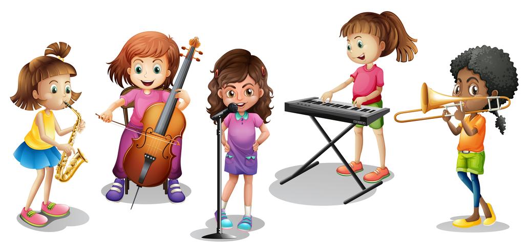 Muchos niños tocando diferentes instrumentos musicales. vector