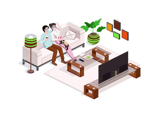 Familia feliz viendo la televisión en casa, interior con muebles. Hombre y mujer en el sofá. vector