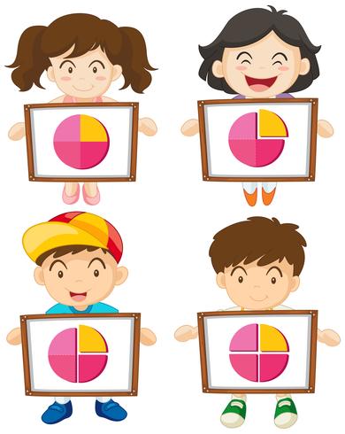 Cuatro niños con cartel con piecharts vector