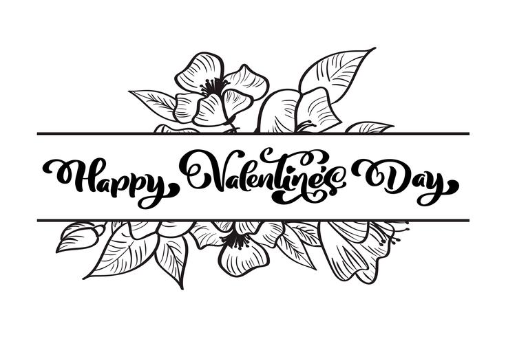 Frase de caligrafía Feliz día de San Valentín con florituras y corazones vector
