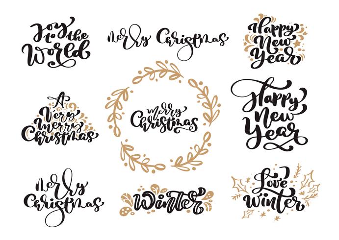 Sistema de texto del vector de las letras de la caligrafía del vintage de la Feliz Navidad con invierno que dibuja elementos escandinavos del diseño. Para el diseño de arte, el estilo de folleto de maqueta, folleto de impresión folleto, cartel