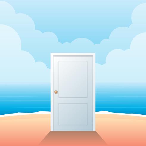 Closed White Entrance Door On Beach Vector Illustration