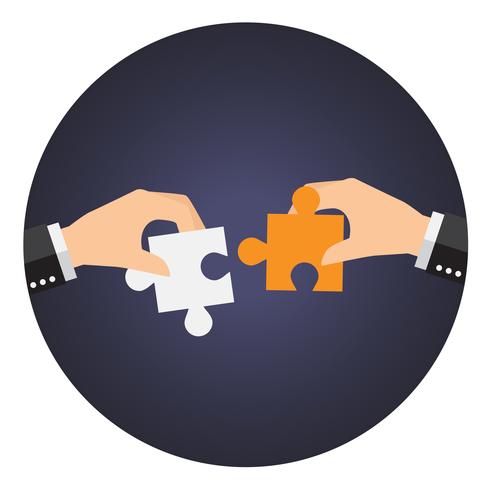 Business people solving oversized jigsaw puzzle together vector