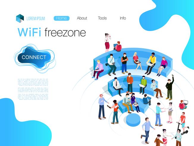 Personas en zona wi-fi. Tecnología de conexión inalámbrica a la zona wifi pública. Isométricas ilustraciones vectoriales en 3d, web, préstamo, banner. vector