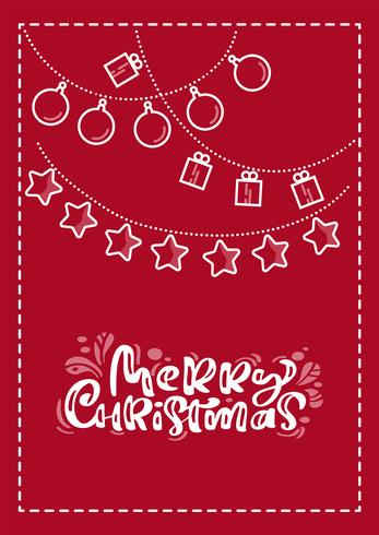 Red xmas scandinavian greeting card with merry Christmas calligraphy lettering text. Hand drawn vector illustration of cute garaland. Isolated objects