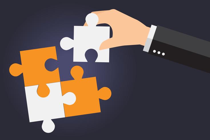 Business people solving oversized jigsaw puzzle together vector