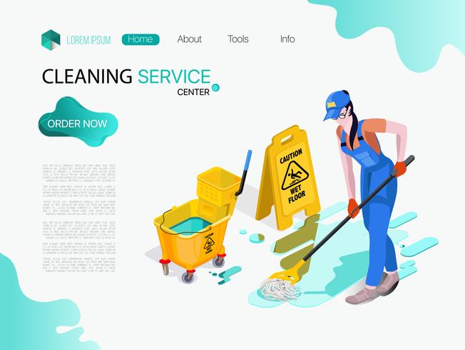 Woman dressed in uniform washes the floor in the office. Professional cleaning service with equipment and staff. vector