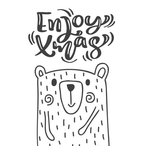 Hand drawn scandinavian illustration little cute bear. Enjoy xmas calligraphy vector lettering text. Christmas greeting card. Isolated objects