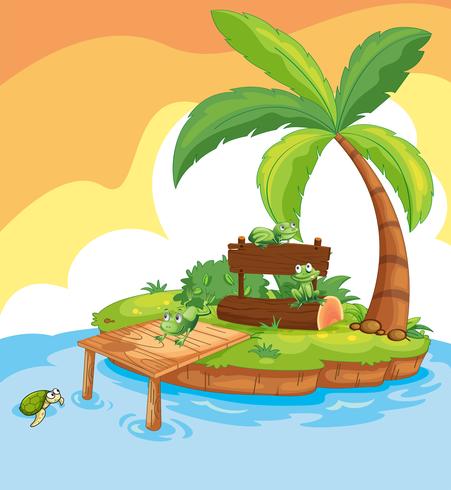 Escena de la isla con ranas y signos. vector