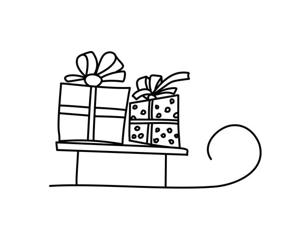 Concepto de tarjeta de feliz Navidad. Santa trineo con dos cajas de regalo. Regalos y regalos. Ilustración vectorial aislado Tarjeta de año nuevo con trineo de dibujos animados de santa claus vector