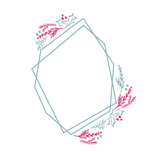 Christmas Hand Drawn wreath geometry frame stylized square for card with flowers and leaves. Scandinavian vector illustration with place for your text