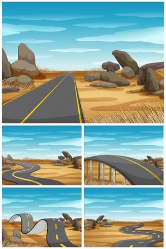 Diferentes escenas con carretera en tierra desértica. vector