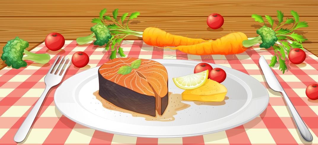 Salmon Stake with Fresh Vegetable vector