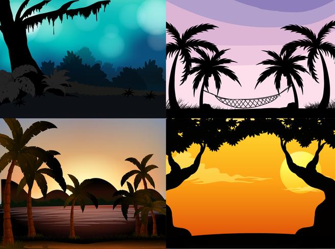 Four nature scenes with silhouette trees vector