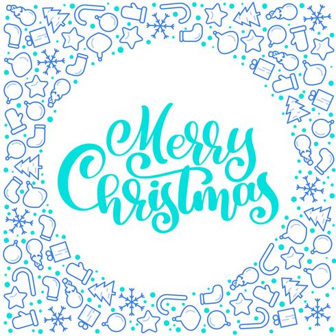 Merry Christmas Calligraphy vector text with xmas atributes. Lettering design on white background. Creative typography for Holiday Greeting Gift Poster. Font style Banner