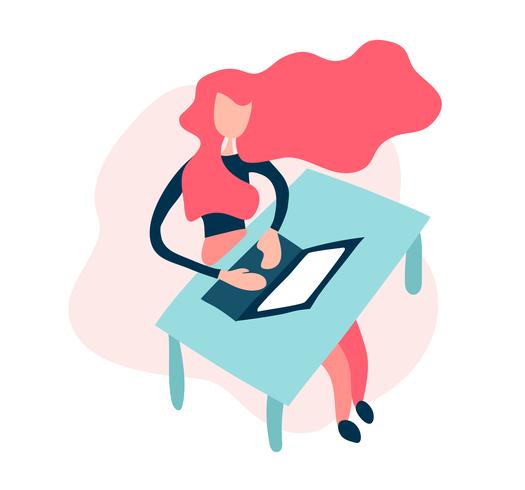 Mujer sentada en casa en la mesa y trabajando en una computadora portátil. Concepto freelance Ilustración de vector plano laico aislado sobre fondo blanco