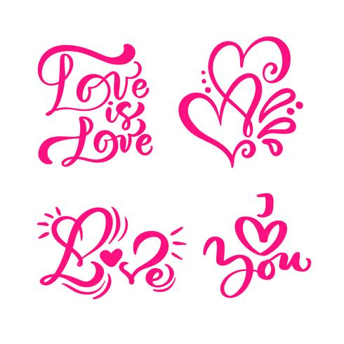 Conjunto de palabras de caligrafía rojas &quot;Amor&quot;, &quot;amor es amor&quot; y corazones vector