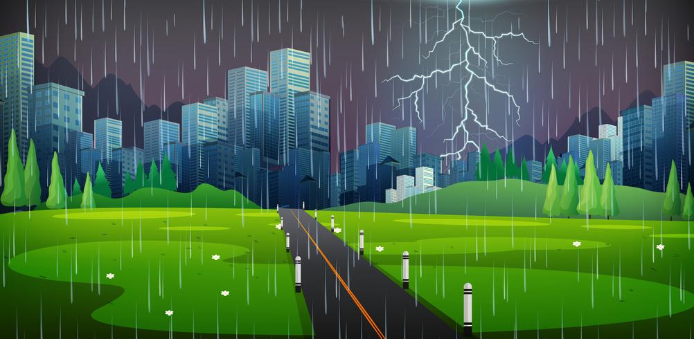 Escena de la ciudad en la noche de tormenta vector