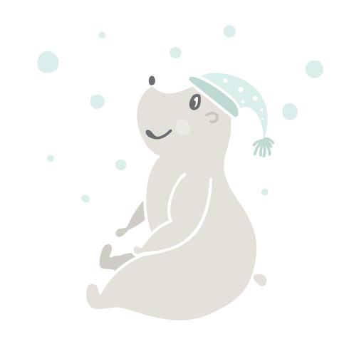 Hand drawn vector illustration of a cute funny bear in a hat, sitting outdoor with snow. Scandinavian style design. Isolated objects on white background. Concept for kids apparel, nursery print