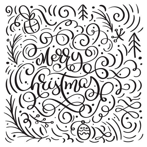 Feliz Navidad en un fondo blanco con los elementos de Navidad del vector del flourish de los garabatos de la caligrafía. Hermoso patrón para un lujoso papel para envolver regalos, camisetas, tarjetas de felicitación