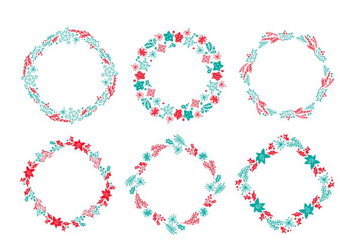 Sistema de elementos florales rojos y azules del diseño del invierno de la guirnalda dibujada mano escandinava de la Navidad del vector aislados en el fondo blanco para el flourish retro del diseño. Ilustración de caligrafía y letras