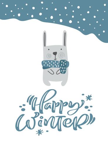 Christmas fanny hare or rabbit in Scandinavian style with Happy Winter calligraphy lettering text. Greeting card. Vector illustration